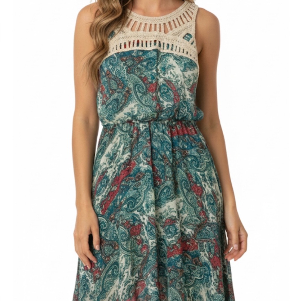 AUW (As U Wish) Crochet Neckline Sleeveless Dress, No Belt,Women’s S,Green White
